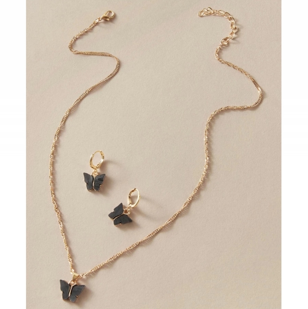 Butterfly Earrings & Necklace Set, Black & Gold